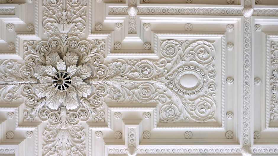 The exquisite ceiling in the old BNZ bank building.
