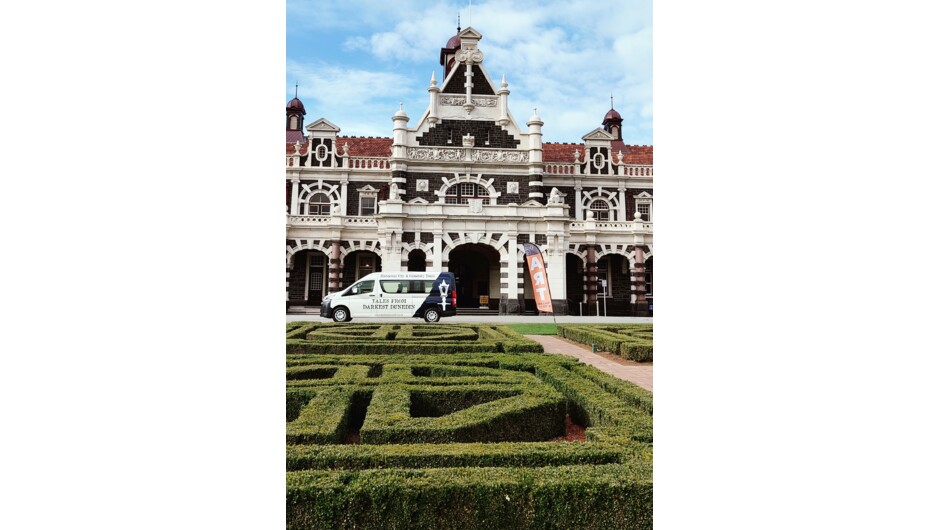 Dunedin Railway Station. Go inside and admire the Royal Dolton tiles and bespoke craftmanship.