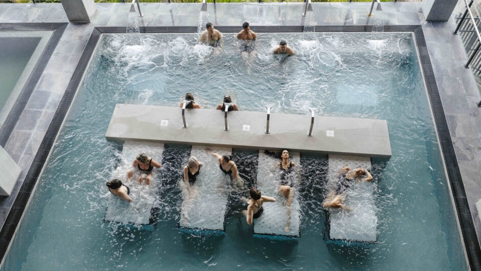 Our hydrotheraphy pool consisting of eight massage beds and waterfall shower jets (36°C)