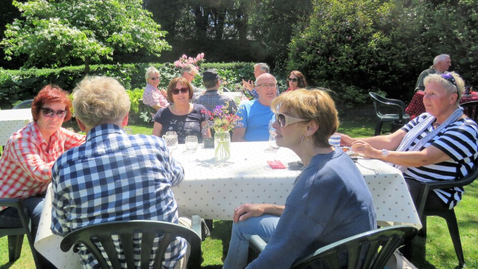 Guests enjoy relaxing in the expansive homestead garden over lunches or teas. Large groups can also be hosted indoors in colder weather.