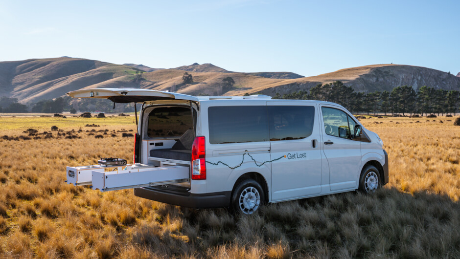 Get Lost Campervan - Kitchen side out