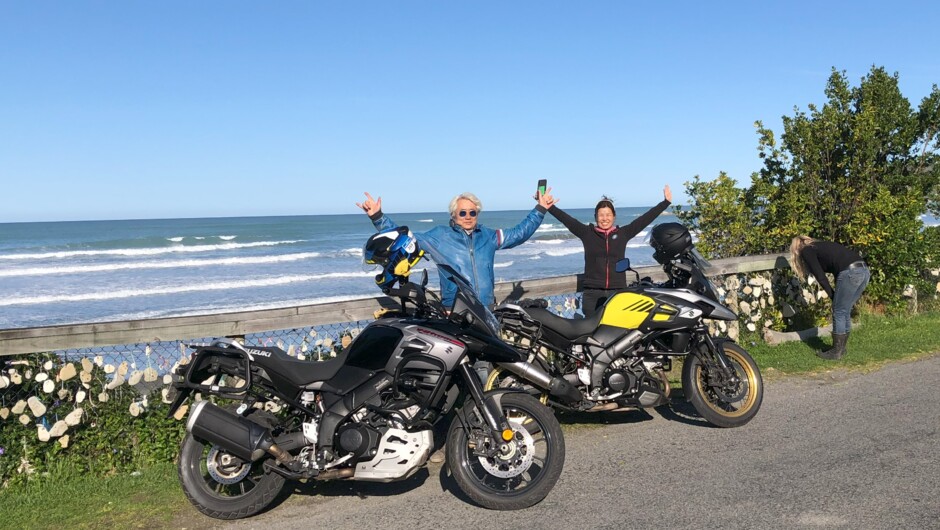 Touring Canterbury on a 1 Day Guided Tour with Rideabikenz. Beach stop on our Suzuki V-strom road tourers.
