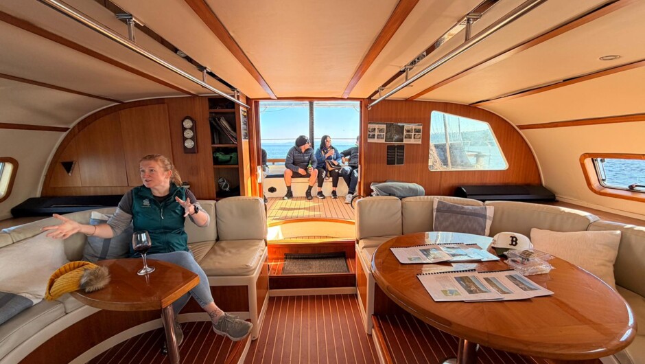 Cozy saloon inside with a fully licensed bar - view towards the covered cockpit