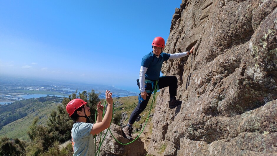 Lead climbing on an OENZ - Outdoor Education New Zealand course in Christchurch