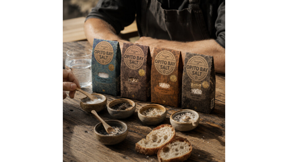Salt tasting at Opito Bay Salt tasting shed.