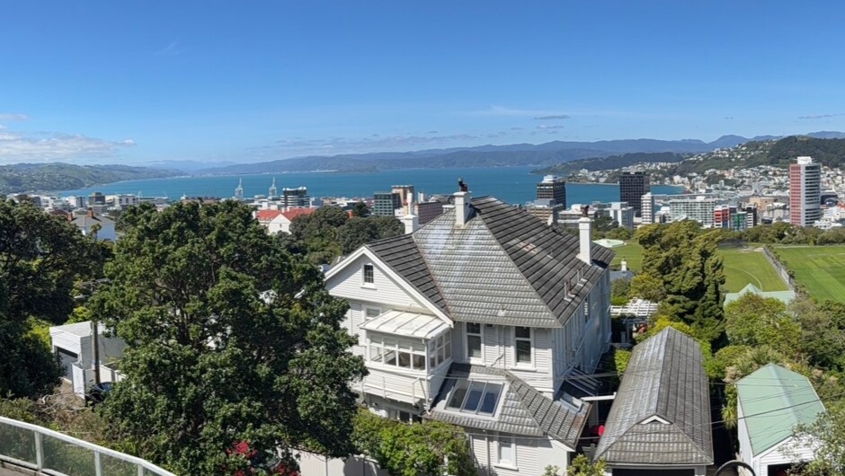 View from top of Cable Car across Wellington Harbour to Hutt Valley