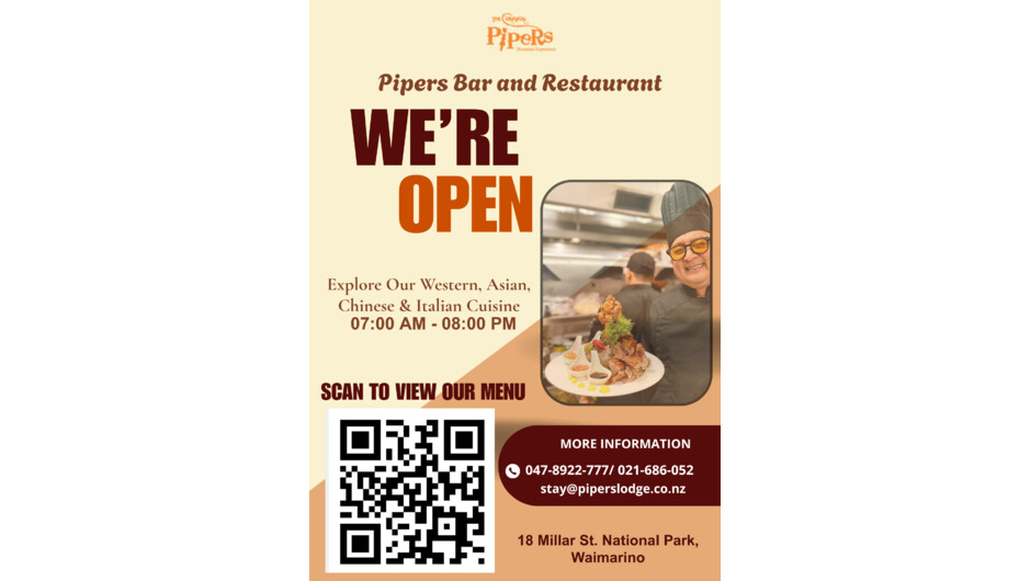 Pipers Lodge and Restaurant is open. Scan the QR code to view our menu.