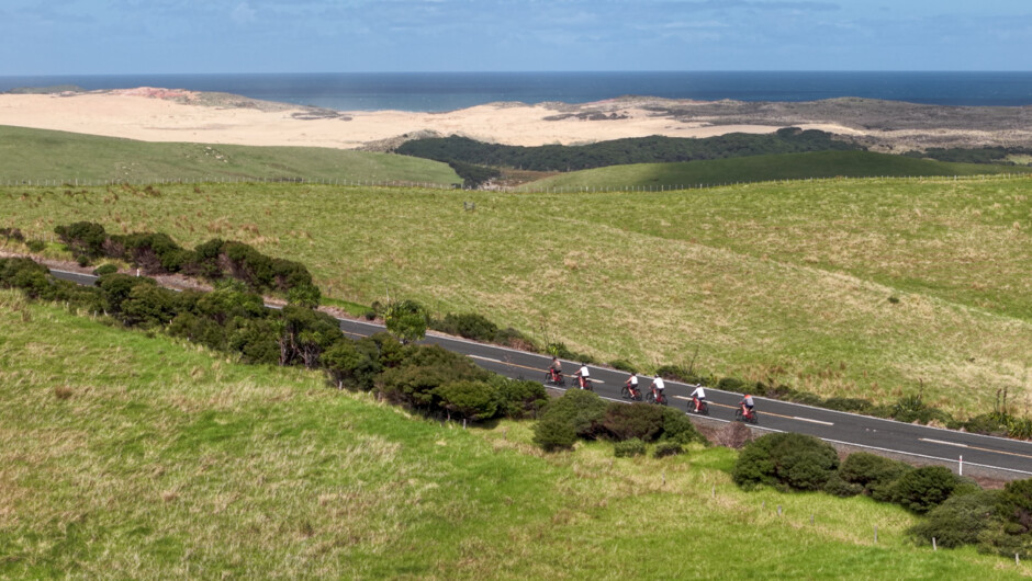 Riding the highway from Cape Reinga, with wide vistas across the Far North.