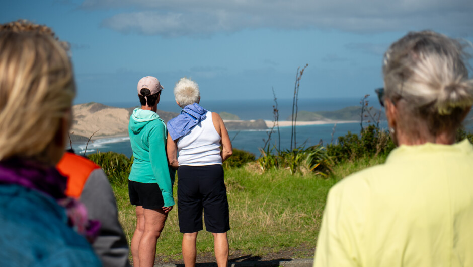 Walking towards Cape Reinga – Te Rerenga Wairua, with spectacular views across to Cape Maria van Diemen.