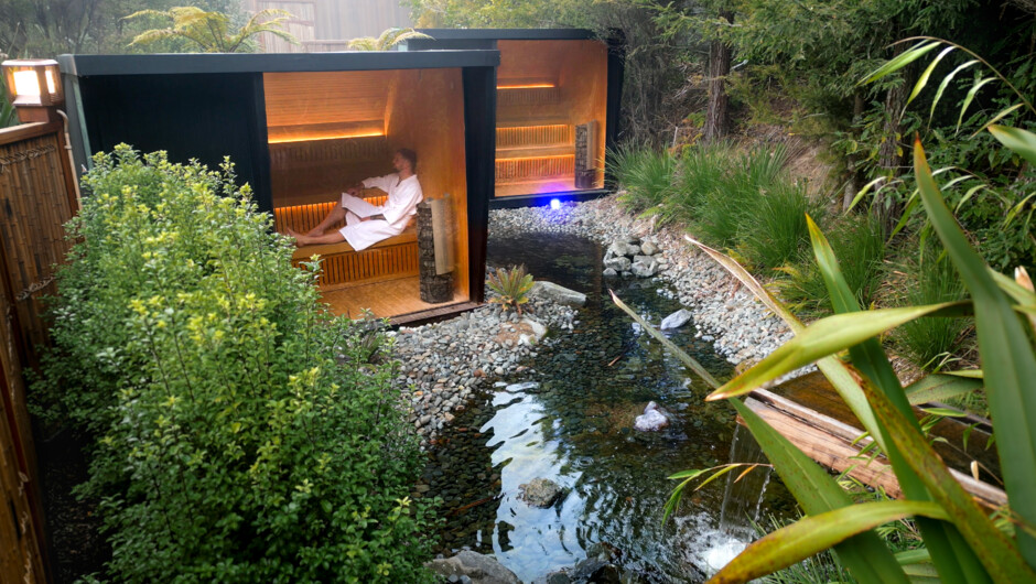 Private sauna with water features and magical views