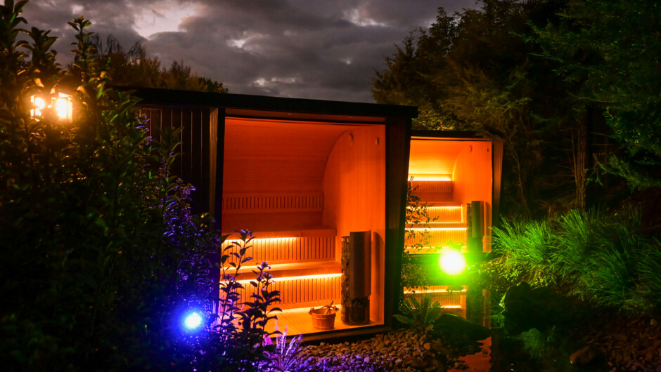 Colourful lighting in the sauna area creates a magical atmosphere