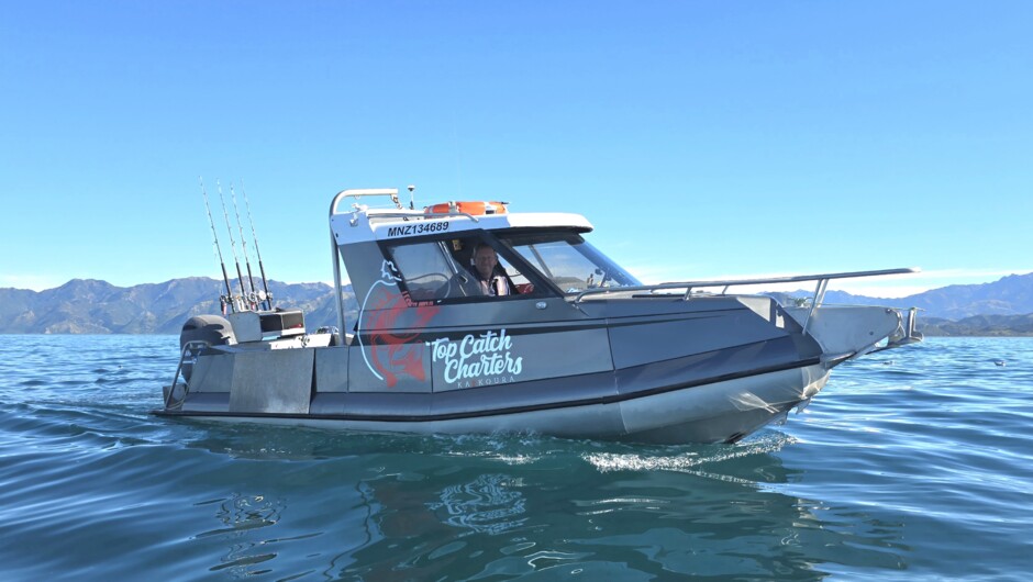 Top Catch Charters Kaikōura's purpose built 6.2m Osprey Boat, “First Light”.