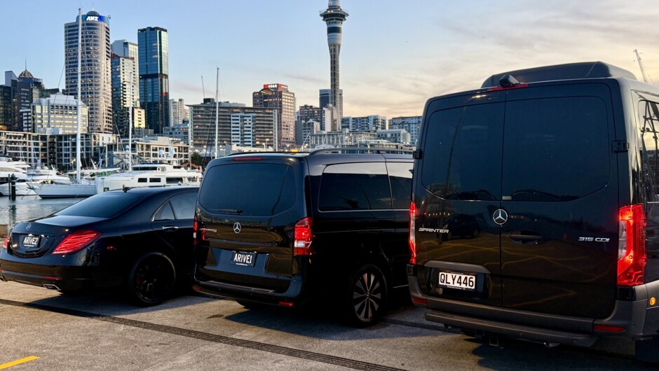 Arrive driving services fleet - Mercedes S Class sedan , electric V Class Minivan and 11 seater Sprinter minibus