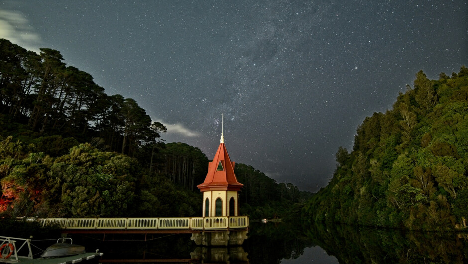 The view of the valley and lower reservoir at night.