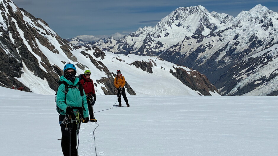 Top of the Tasman Glacier with Aoraki Mt Cook and Tasman dominating the skyline.