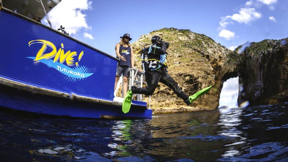 Scuba diver makes a giant-stride entry beside a towering rock arch at the Poor Knights Islands.