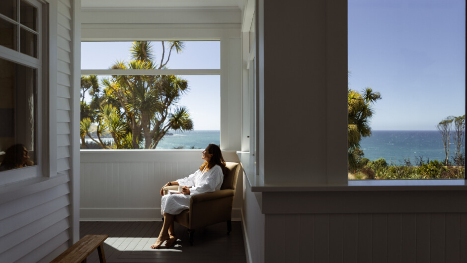 Morning Coffee and views over the ocean at The Longhouse