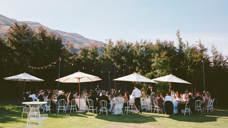 Al fresco dining at a Lake Hawea View Wedding on 35mm film