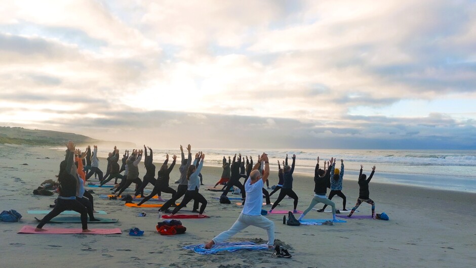 Wild Dunedin New Zealand Festival of Nature, Sunrise Yoga on St Clair Beach, Dunedin. Looking north towards St Kilda.