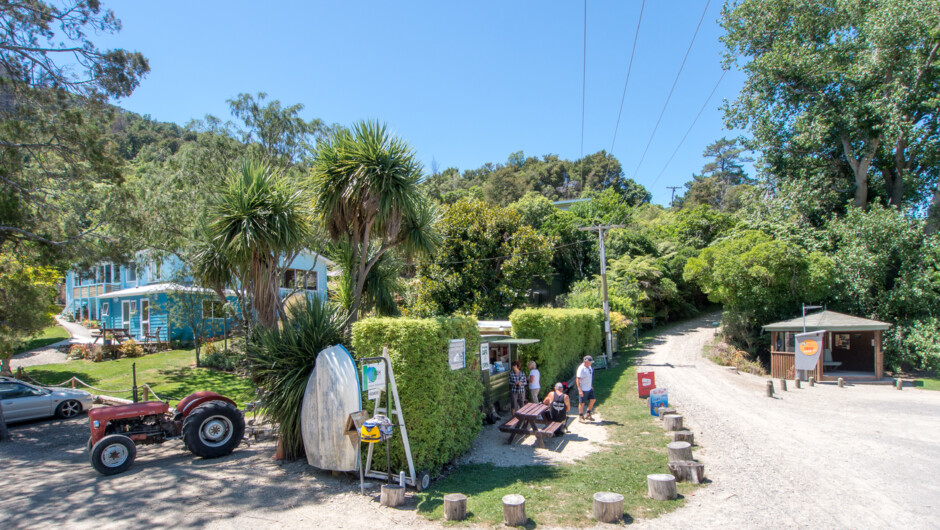 End of the Queen Charlotte Track & Green Caravan Cafe in front of our guest house.