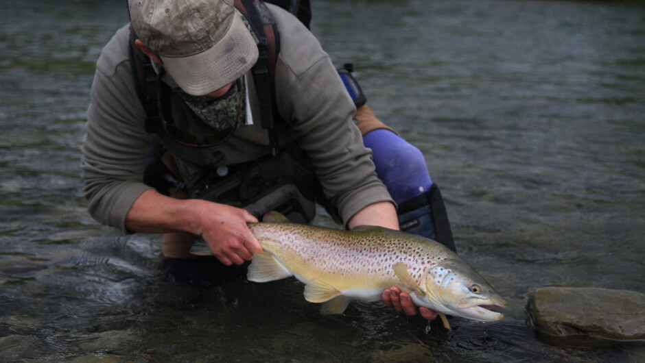 This great conditioned fish was caught on a weighted nymph.