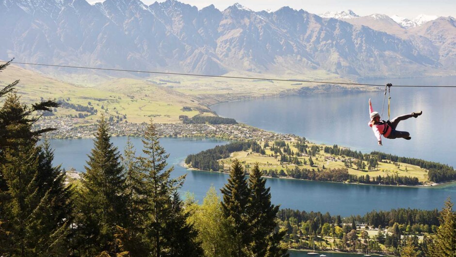 Fly high on a zipline with Ziptrek Ecotours, with incredible views over Lake Wakatipu to The Remarkables mountain range.