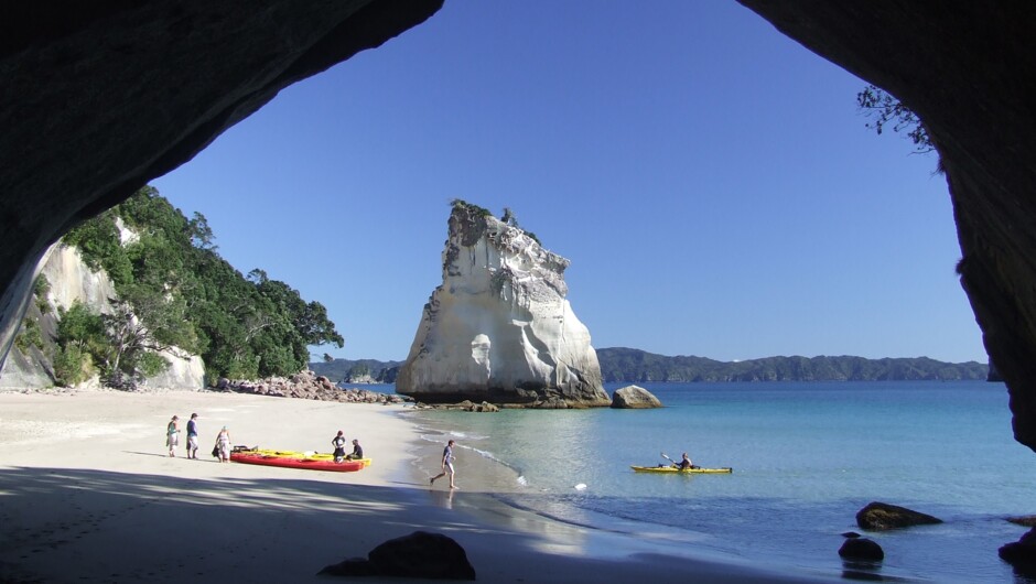 Kayaks land at Cathedral Cove!
