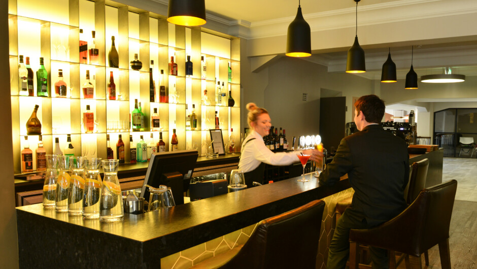 The stylish Post Bar at Distinction Dunedin Hotel.