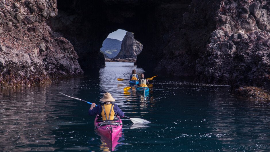 Paddling towards a cave