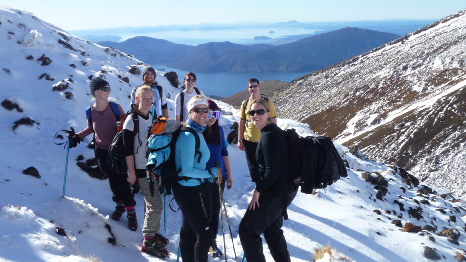 Small groups. Great times Tongariro Crossing guided tours Winter views. Looking North to Lake Rotoaira & Taupo