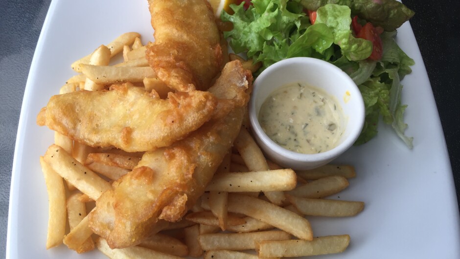 Fish N Chips with Salad at Soljans Cafe.