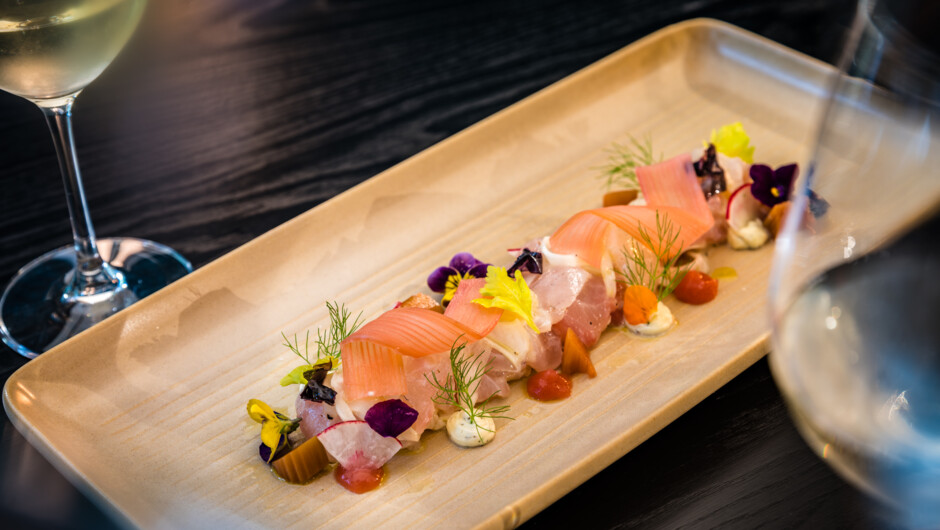 Crudo of market fish, rhubarb, dill cream, fennel and citrus oil