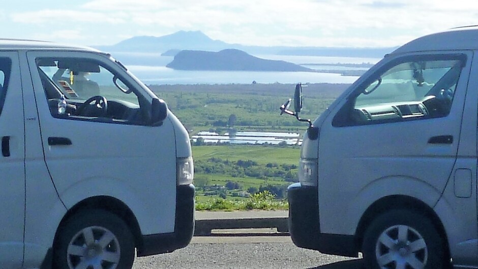 Backyard Tours vans looking from the Southern end of Lake Taupō