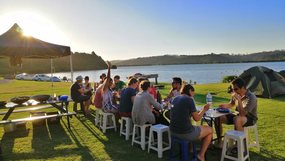 Enjoying dinner in the Bay of Islands