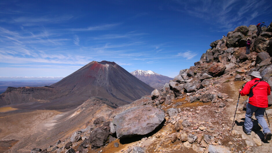 West of the Tongariro crossing near Mt Tongariro, Mt Ngauruhoe &amp; Mt Ruapehu behind.