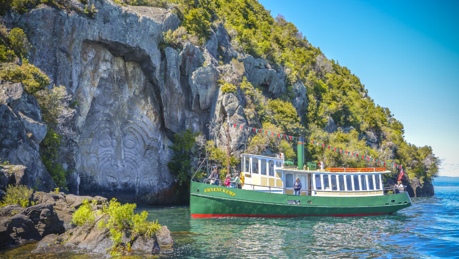 Ernest Kemp, iconic replica steamboat. Daily scheduled sightseeing cruises to the Māori Rock Carvings.