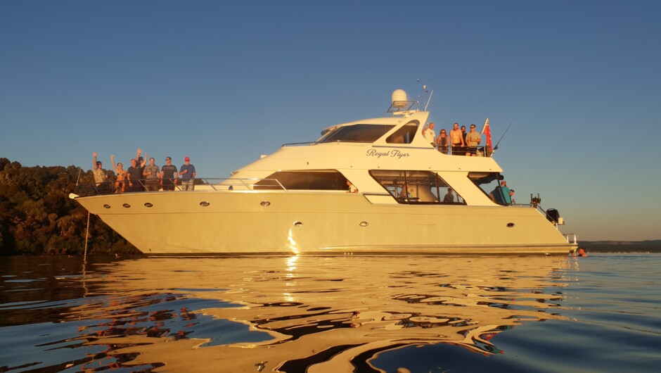 Regal Flyer, the most luxurious charter yacht on Lake Taupō.  Specialising in private charters for between 2-75 passengers.