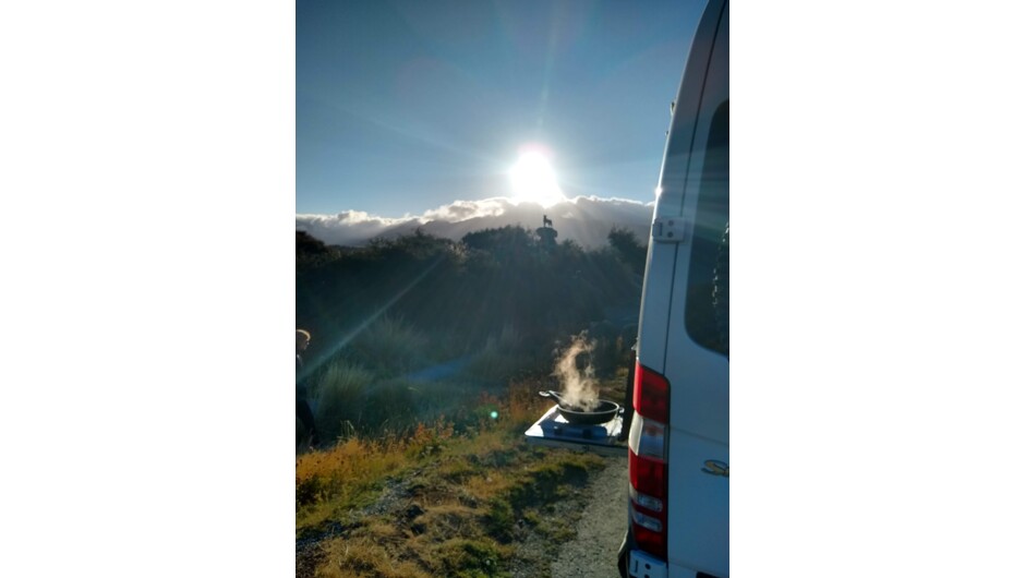 Breakfast cooking on the outdoor barbecue